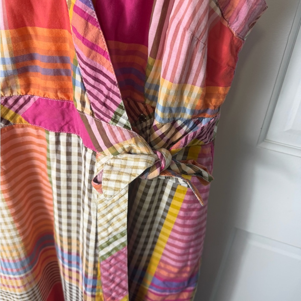 Multicolor Plaid Madras Wrap Sundress - Pink & Orange Size Large Pockets - Picture 4 of 12